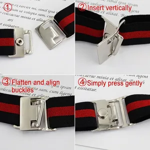 Adjustable striped elastic waist belt with silver metal buckle in four-step setup guide