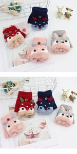 Close-up of kids cartoon elk flip top gloves with warm fleece lining in multiple colors