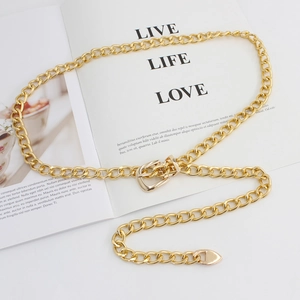 Polished gold hollow metal chain belt for women with minimalist buckle and pointed tip