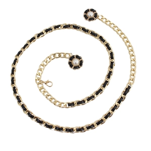 Summer gold metal waist chain for women with woven black leather and pearl flower pendant