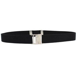 Unisex black elastic woven belt with silver interlocking metal buckle for jeans