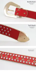 Détails de la ceinture en cuir rouge avec strass et boucle dorée fixée par vis