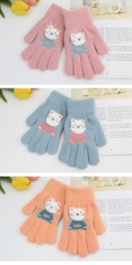 Detailed knit texture of pink blue and orange winter gloves with cute 3D cartoon cats