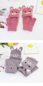 Detail of warm winter flip-top cat mittens in pink and grey with cute embroidery