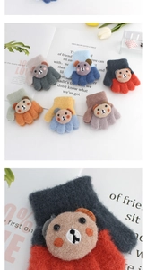 Detail view of knitted toddler gloves featuring cute 3D bear and convertible flip top