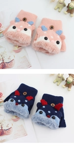Detailed view of kids cartoon elk gloves with warm plush cuffs in pink and navy blue