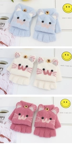 Close-up of cute cat-themed convertible knit gloves with wooden buttons in various colors