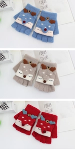 Three colors of knitted kids' gloves with cartoon elk detail and convertible flap cover