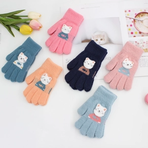Kids Winter Warm Knit Gloves Cute Cartoon Cat Plush Patch Full Finger Mittens For Boys Girls School Daily Accessories