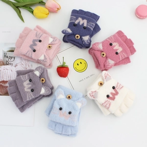 Kids Winter Warm Knitted Flip Top Gloves Cartoon Cat Thickened Half Finger Fingerless Mitten For Boys Girls Toddler