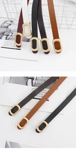 Detailed flat lay of five thin leather belts with gold buckles in various autumn colors