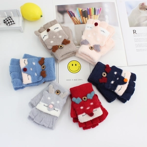 Kids Winter Warm Knitted Gloves Cute Cartoon Fox Reindeer Flip Cover Half Finger Convertible Mittens For Boys Girls Toddlers