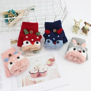Toddler Kids Cute Cartoon Reindeer Convertible Flip Top Gloves Winter Warm Thick Fleece Lined Knit Half Finger Mittens