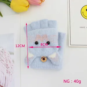 Cute cartoon cat winter flip top gloves for kids, light blue warm knitted mittens