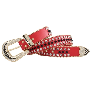Ceinture luxe en cuir rouge avec strass et boucle dorée à ardillon pour femme