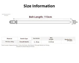 Detailed size chart for 1cm slim PU leather belt showing 113cm length and buckle dimensions
