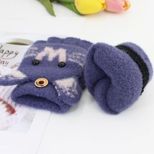 Purple winter knitted cat gloves for kids with warm flip top and embroidered kitten ears