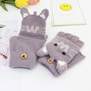 Winter cartoon purple cat flip-top knitted warm gloves for kids with fingerless design