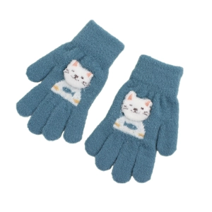 Kids warm knit full finger gloves with cute cartoon 3D kitty doll design for boys and girls