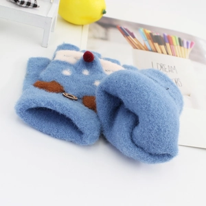 Sky blue winter knitted gloves for kids with a cute cartoon fox face and flip top cover
