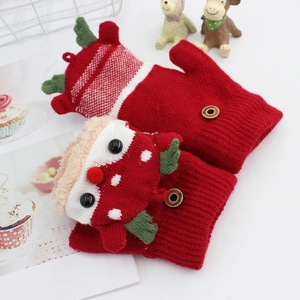 Kids winter knit Christmas reindeer gloves with flip top and warm plush lining