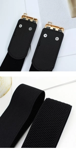 Close-up of black elastic belt showing honeycomb texture and golden metal buckle details