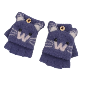 Purple cartoon cat knit convertible gloves for kids featuring warm fingerless flip top design