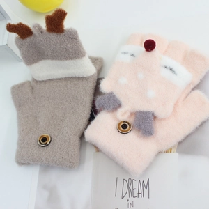 Winter thermal knit fingerless gloves for kids with cartoon fox and reindeer patterns