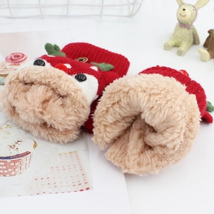Winter thermal kids cartoon elk gloves with thick fleece lining in festive red color