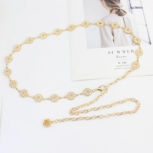 Chaîne de taille réglable en métal doré avec fleurs en strass et pendentif rose femme