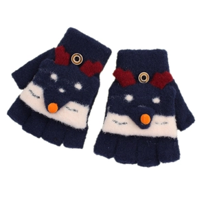 Winter kids knit gloves with fox design and convertible flip top in dark blue
