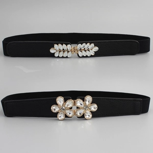 Women Elastic Waist Belt With Flower Leaf Rhinestone Buckle Black PU Leather Cincher For Dress Shirt Decorative Fashion Accessory