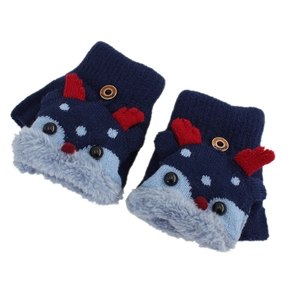 Kids winter cartoon reindeer flip top knitted gloves with fleece lining in navy blue