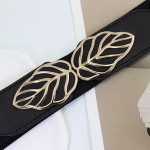 Ceinture élastique noire pour femme avec boucle élégante en forme de feuille dorée