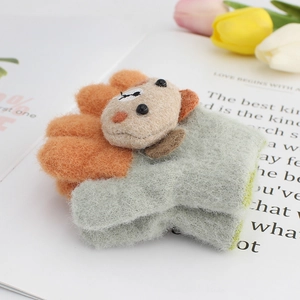 Cute cartoon lion winter plush gloves for kids in mint green and orange contrast colors