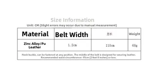 Detailed size guide for metal chain belt featuring zinc alloy and PU leather dimensions