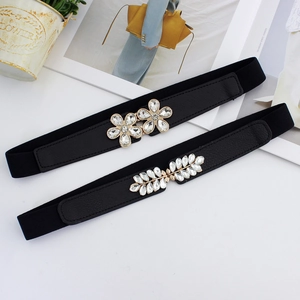 Women's black elastic waist belts with floral and leaf rhinestone buckle designs