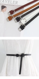 Detail showing five colors of slim leather belts with silver square buckles for women