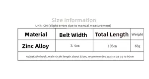 Size chart for zinc alloy waist chain belt detailing 105cm length and hook buckle specs