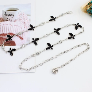 Women Sweet Butterfly Metal Chain Belt With Rhinestone Accents Rose Flower Pendant Adjustable Dress Sweater Waist Chain