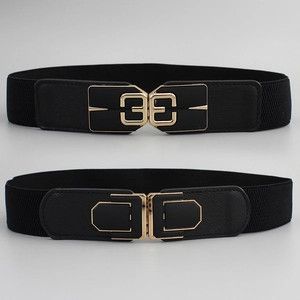 Women Elastic Cinch Belt Black Wide Corset Belt With Gold Alloy Buckle Geometric Interlocking Design Fashion Belt For Dresses