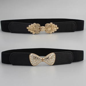 Vintage Women Elastic Corset Belt Faux Leather Rhinestone Bowknot Buckle Girdle Fashion Decorative Waist Belt For Dress