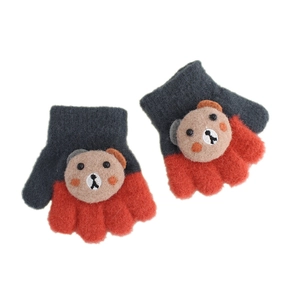 Cute cartoon bear knit winter gloves for babies in grey and orange color block design