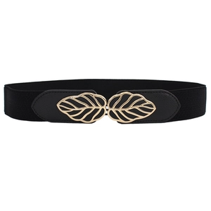 Ceinture élastique femme avec boucle en métal feuille dorée et bande extensible noire