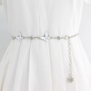 Elegant silver bow waist chain with white butterfly charms and crystal rose pendant