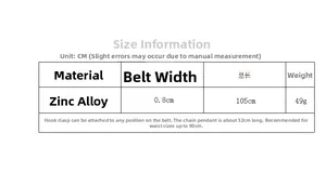 Size chart for adjustable 0.8cm zinc alloy waist chain with 105cm total length