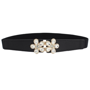 Elegant black elastic waist belt for women with sparkling floral rhinestone buckle