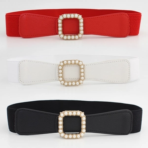 Ceinture Élastique Femme avec Boucle Carrée Incrustée de Künstliche Perles Ceinture Corset en Cuir PU pour Robes Accessoires de Mode