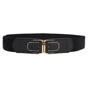 Women's black elastic waist belt with a golden geometric buckle for dresses and sweaters