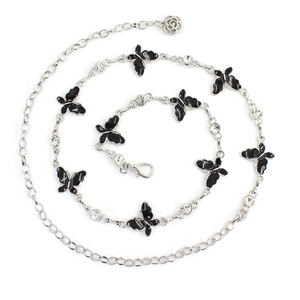 Silver bow chain belt with black butterfly charms and rose pendant for dresses